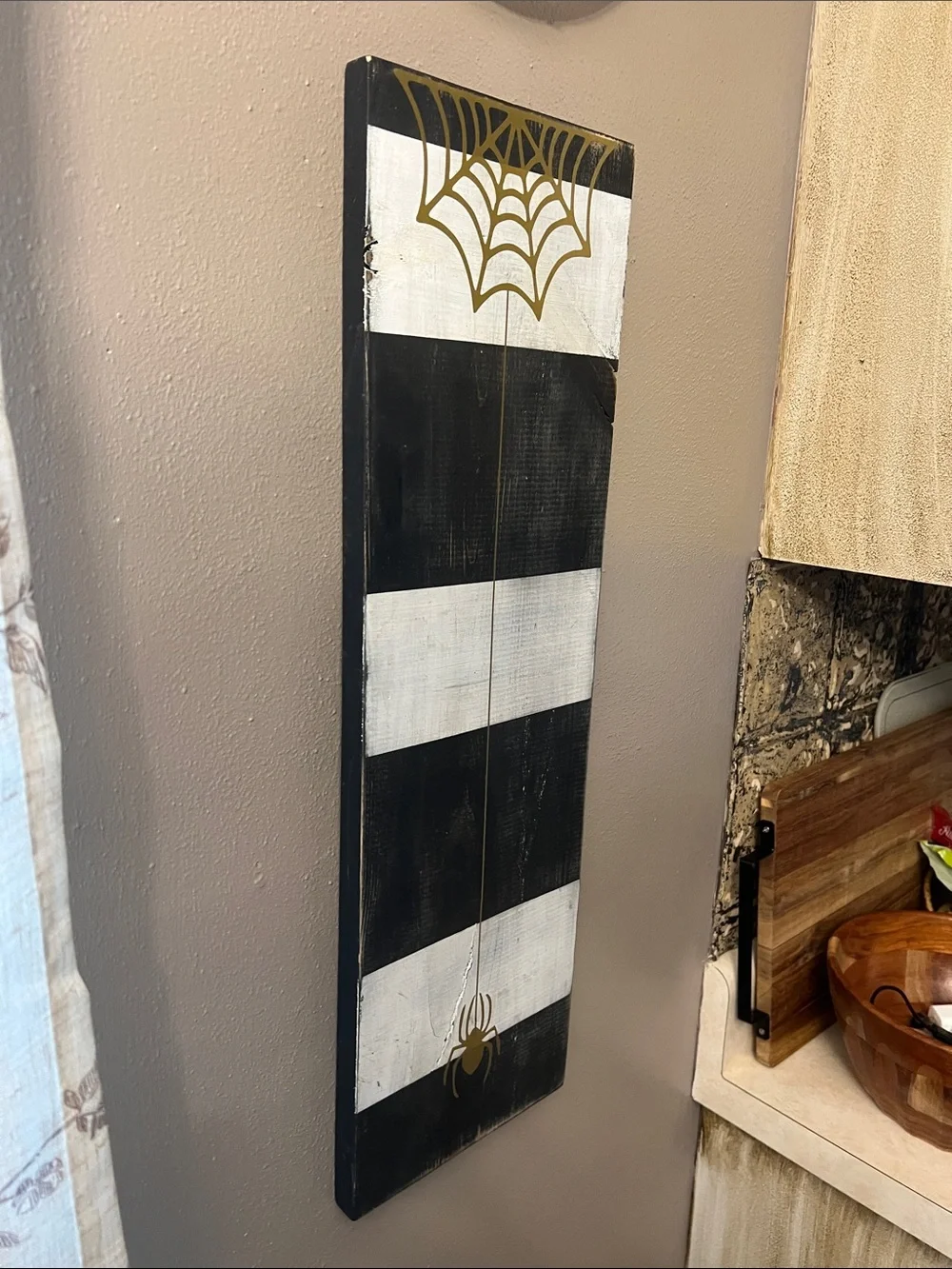 Gold Spider Web Wall Art on Black and White Stripes